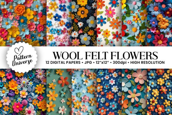 Download Colorful Wool Felt Flowers Digital Paper - Wool Collection